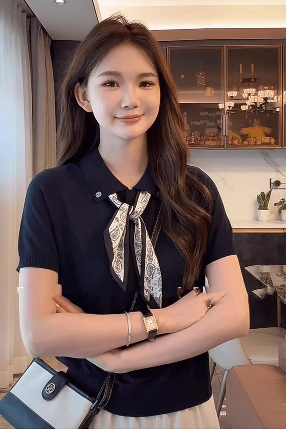 夏季限量款！氣質針織POLO領短袖+附贈絲巾｜寬鬆顯瘦上衣｜三色可選