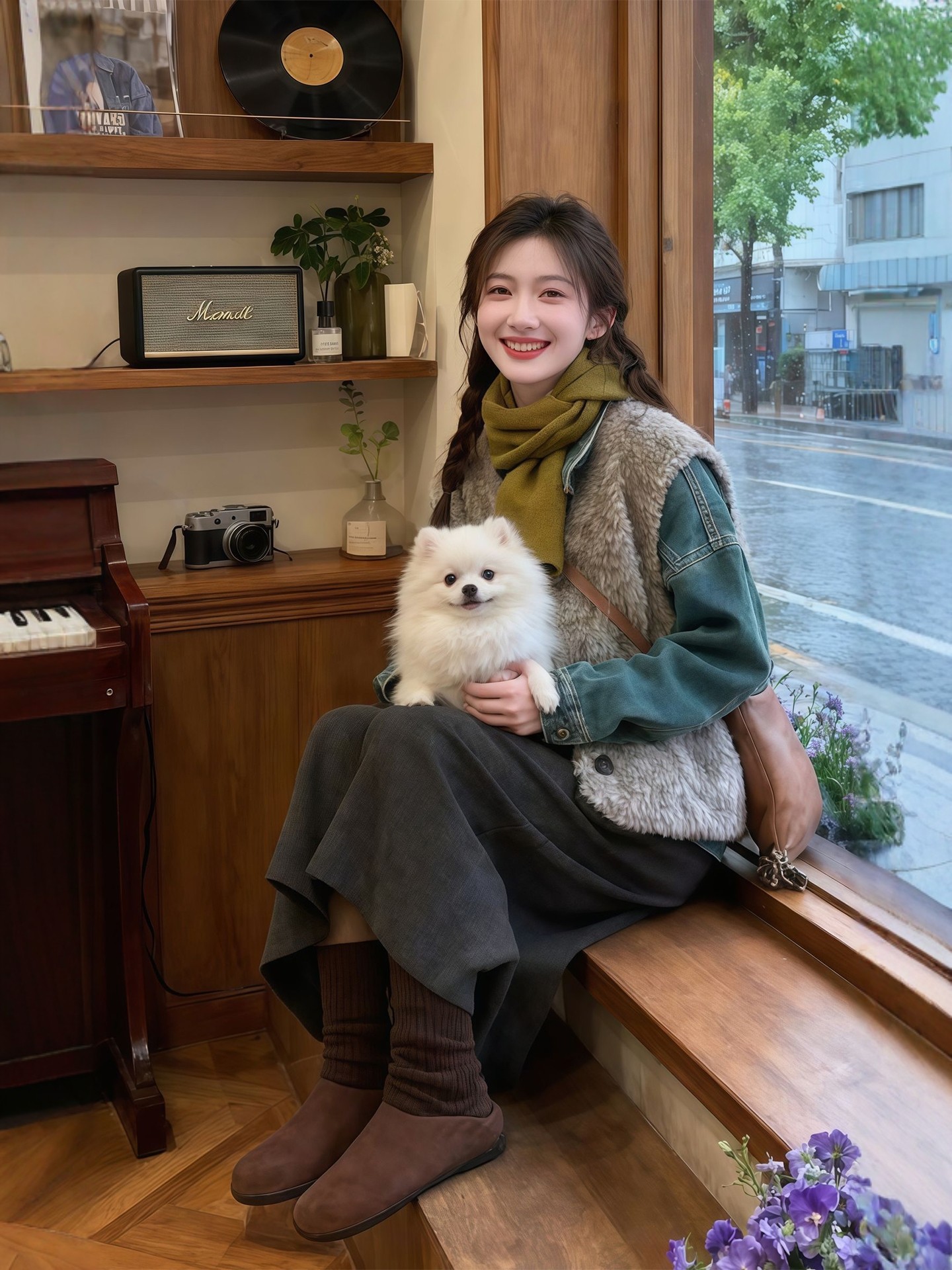 秋冬季大尺碼胖 mm 套裝 牛仔襯衫疊穿羊羔毛馬甲 + 闊腿褲 復古時尚女裝