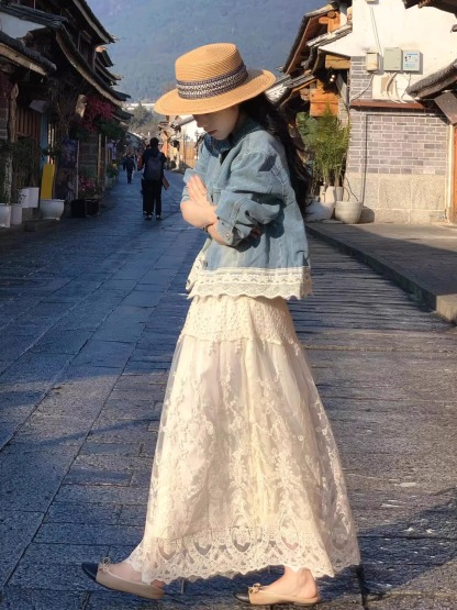 小香風蕾絲牛仔外套套裝組｜氣質藍白配色的夢幻逸品｜約會聚餐必備戰服