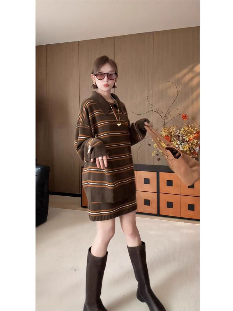 韓系慵懶風條紋毛衣+針織長裙套裝