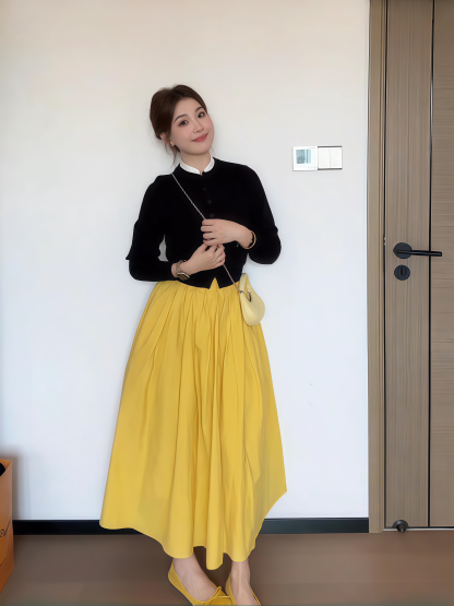 法式氣質套裝｜黑色針織開衫｜高腰黃色半身裙兩件組｜活力優雅日常穿搭