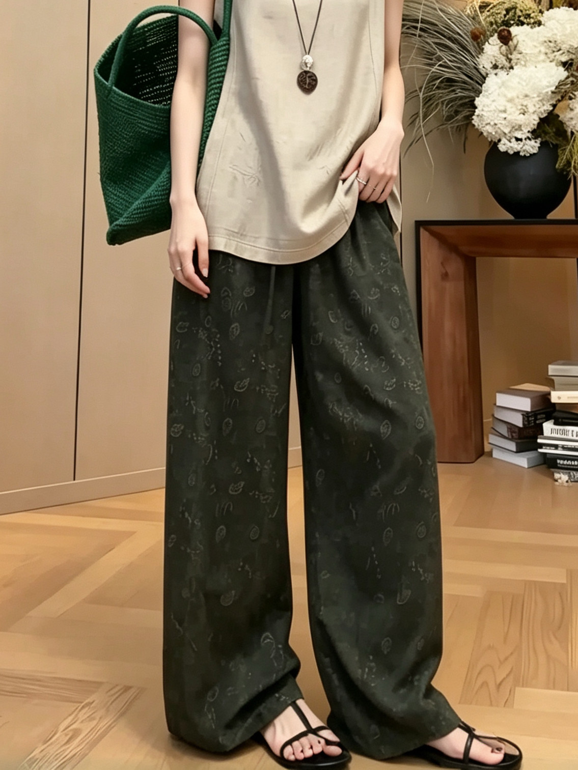 夏季韓系慵懶高級套裝｜肌理開叉醋酸無袖上衣｜復古印花闊腿褲