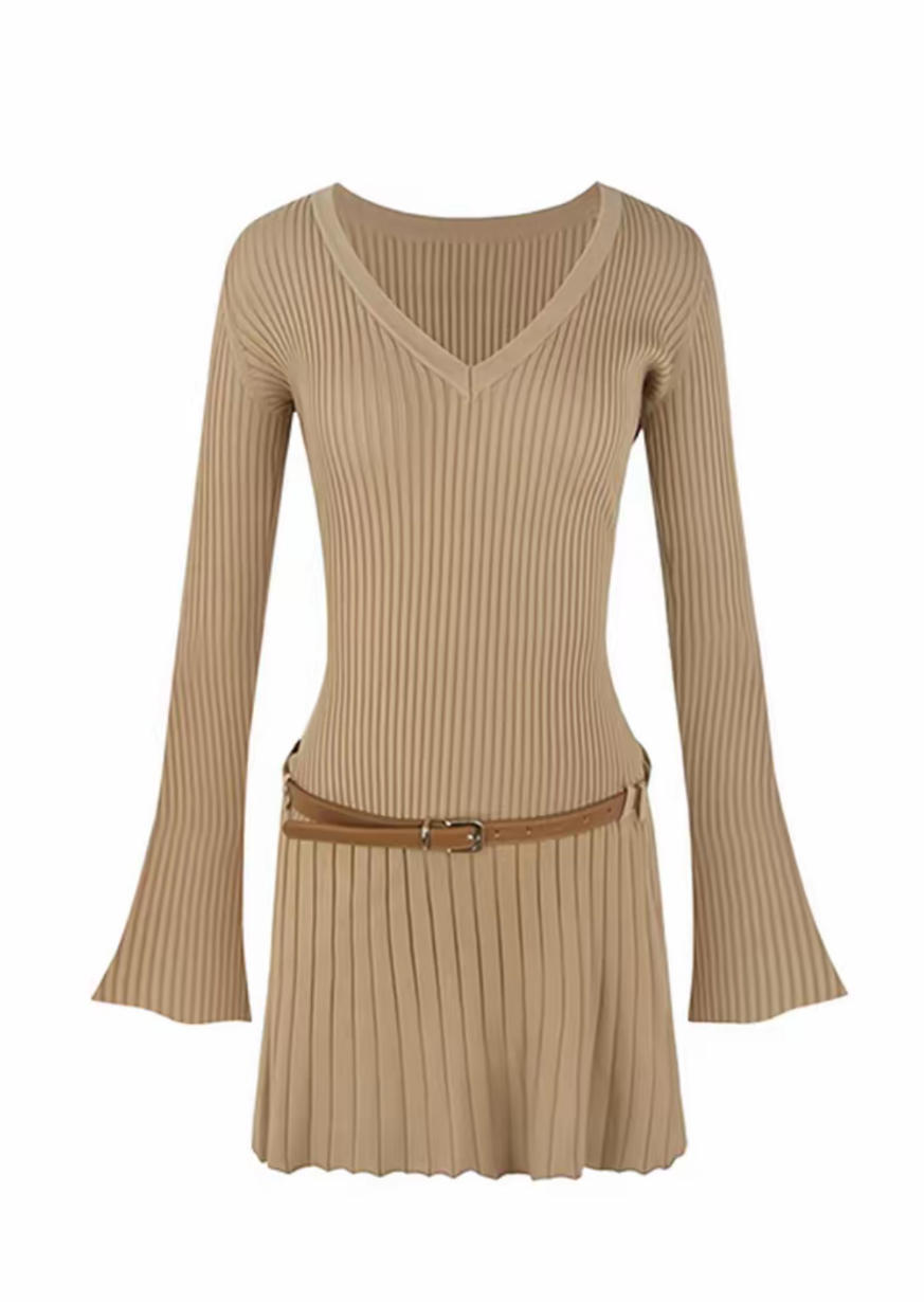 春季美拉德風氣質連衣裙｜V領修身收腰針織短裙｜顯瘦高級感內搭外穿