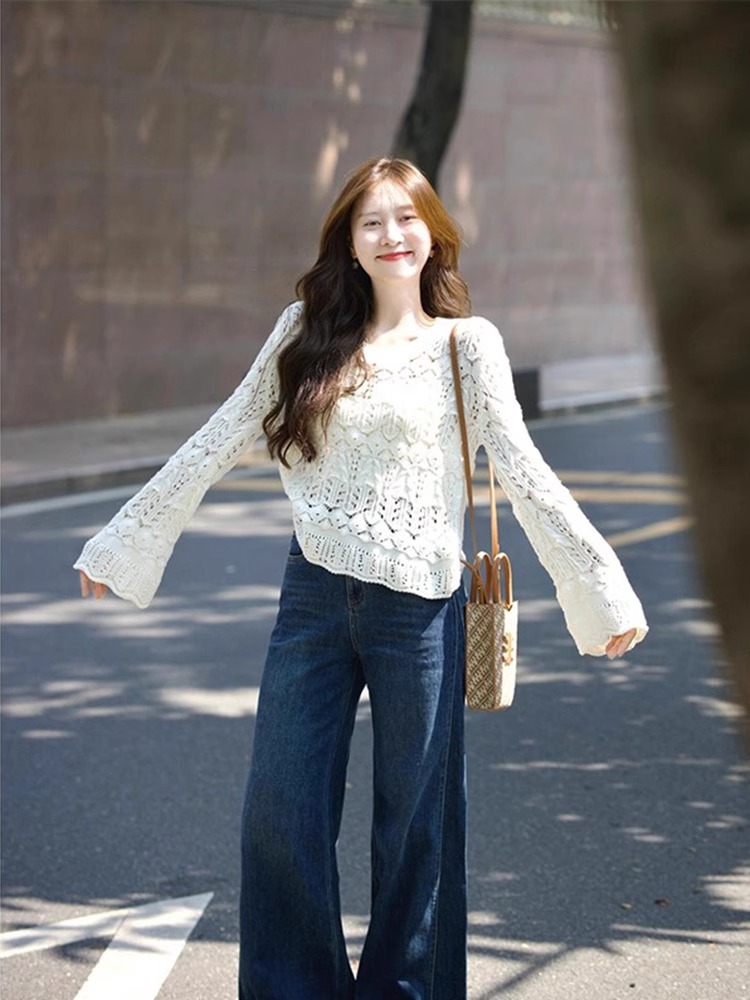 法式鏤空針織上衣 闊腿牛仔褲