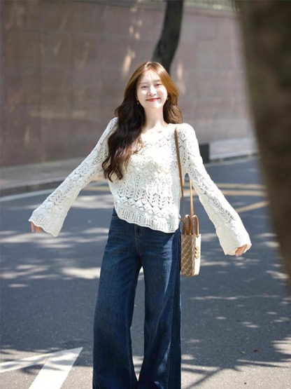 法式鏤空針織上衣 闊腿牛仔褲
