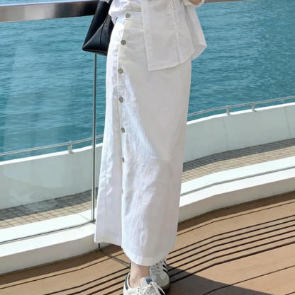 法式老錢風純白套裝｜棉麻長袖防晒襯衫｜紐扣高腰半身裙