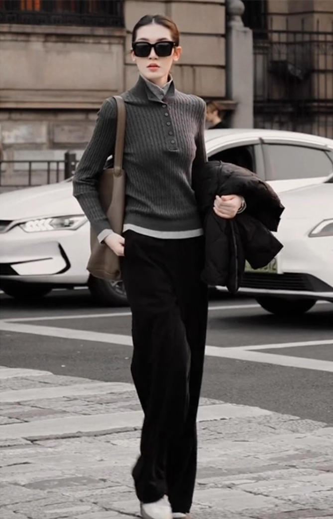 高智感通勤套裝｜假兩件高領針織衫｜黑色直筒寬褲｜簡約顯瘦氣質兩件組