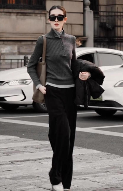 高智感通勤套裝｜假兩件高領針織衫｜黑色直筒寬褲｜簡約顯瘦氣質兩件組