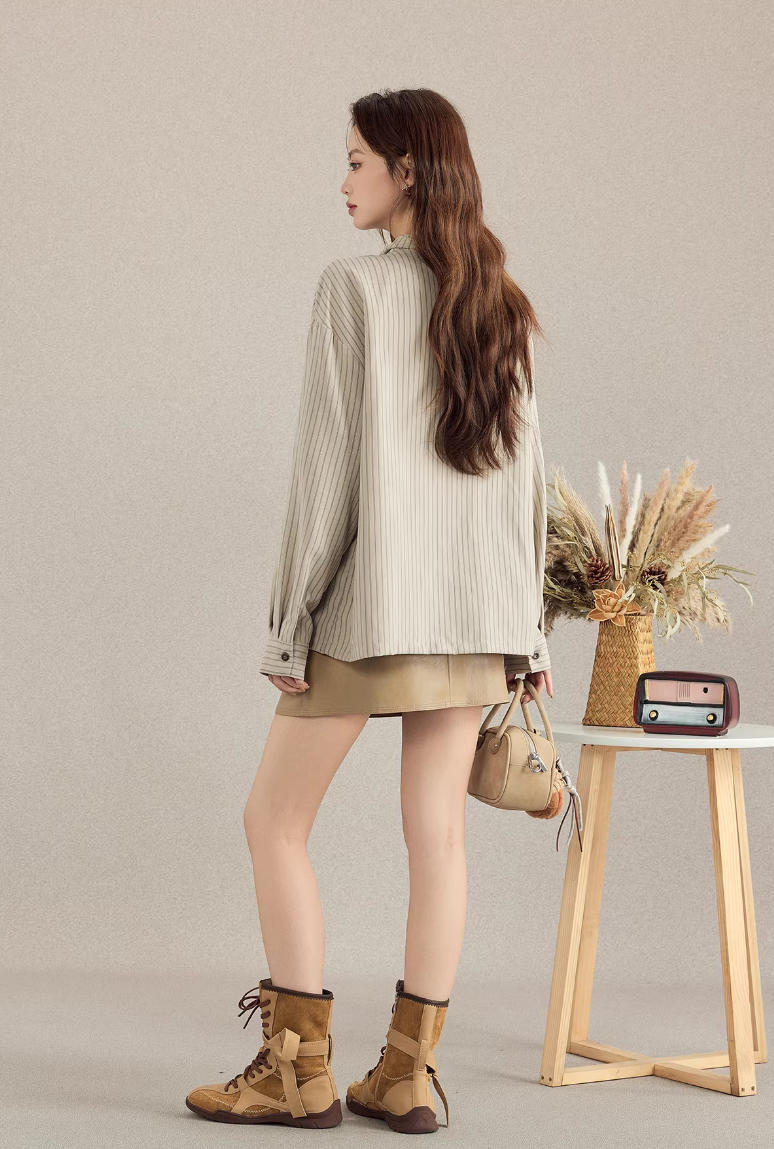 約質感條紋襯衫 綁帶收腰設計感襯衣 秋季寬鬆上衣