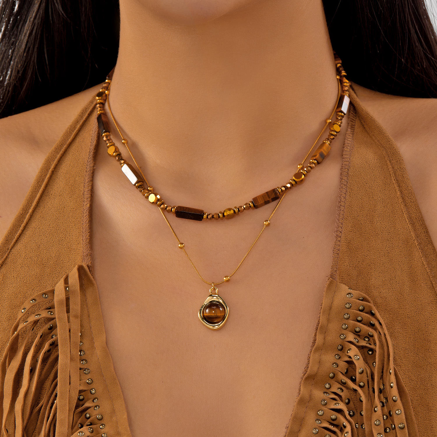 虎眼石鎏金雙層鍊｜復古百搭鎖骨鏈