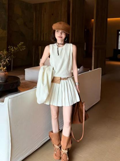 秋季氣質針織兩件套｜無袖連身裙｜鈕扣開衫｜多色可選兩件套  約會日常穿搭