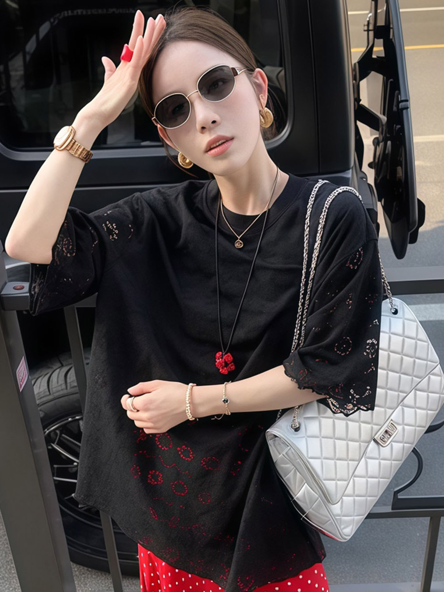 夏季韓風套裝｜鏤空碎花上衣+波點直筒裙｜寬鬆兩件式｜小清新氣質款