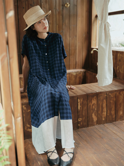 【現貨】日系格子圓領拼接連衣裙 休閒鬆弛感