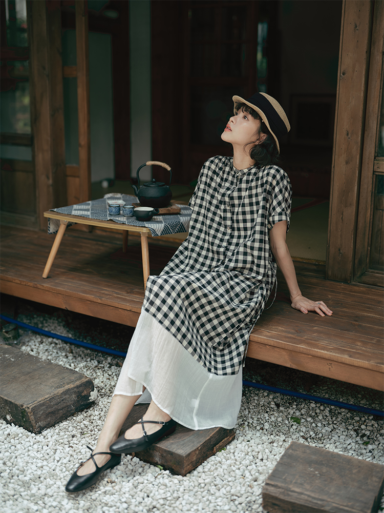 【現貨】日系格子圓領拼接連衣裙 休閒鬆弛感
