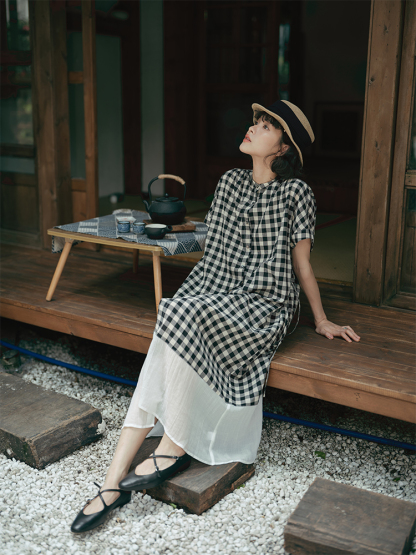 【現貨】日系格子圓領拼接連衣裙 休閒鬆弛感