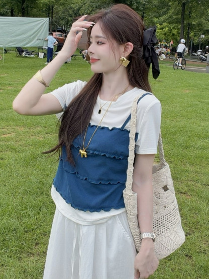 夏季休閒工裝兩件組｜層次感假兩件短袖｜顯瘦開衩工裝長裙