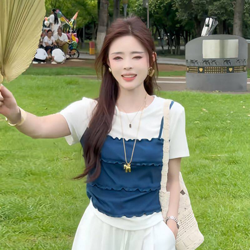 元气假兩件撞色Ｔ＋花邊束腳褲 清爽減齡夏裝 小個子友好