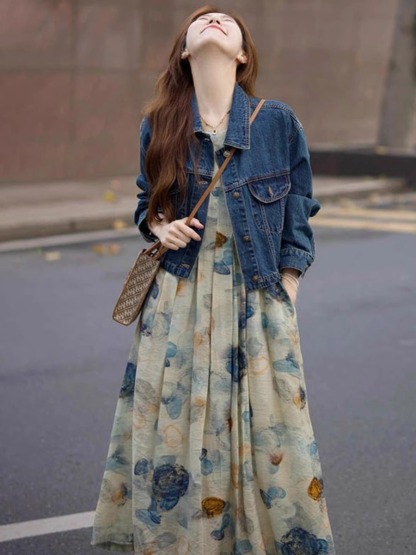 高級感減齡套裝 深藍牛仔外套 水墨畫連衣裙 碎花長裙
