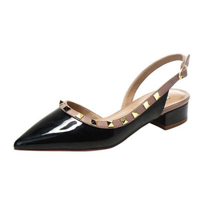 法式復古鉚釘包頭涼鞋 | 尖頭粗跟一字扣帶漆皮女鞋 | 多色可選