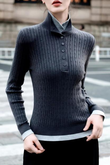 高智感通勤套裝｜假兩件高領針織衫｜黑色直筒寬褲｜簡約顯瘦氣質兩件組