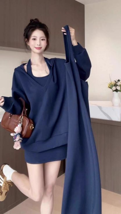 韓系慵懶 |  休閒衛衣+ 掛脖洋裝套裝 