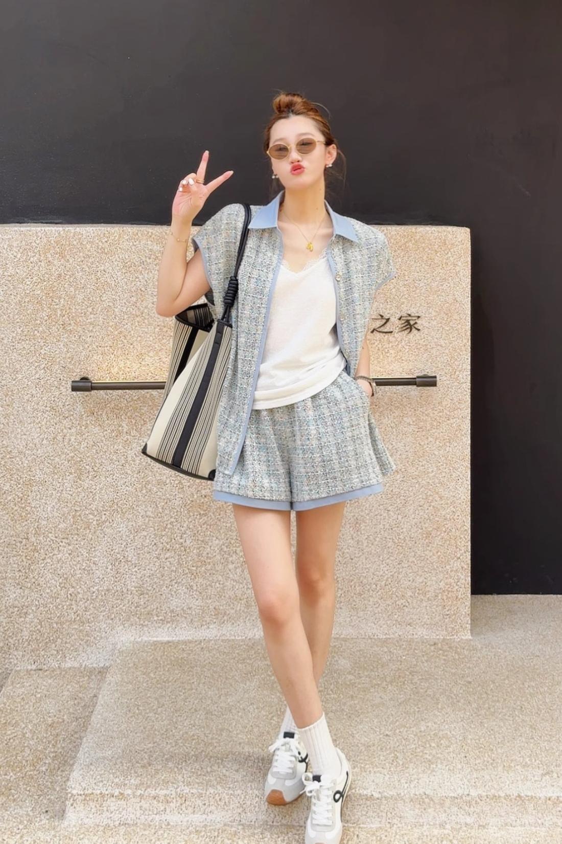 夏季藍色小香風套裝｜POLO領背心+短褲 | 薄款寬鬆剪裁｜獨家設計款藍色系