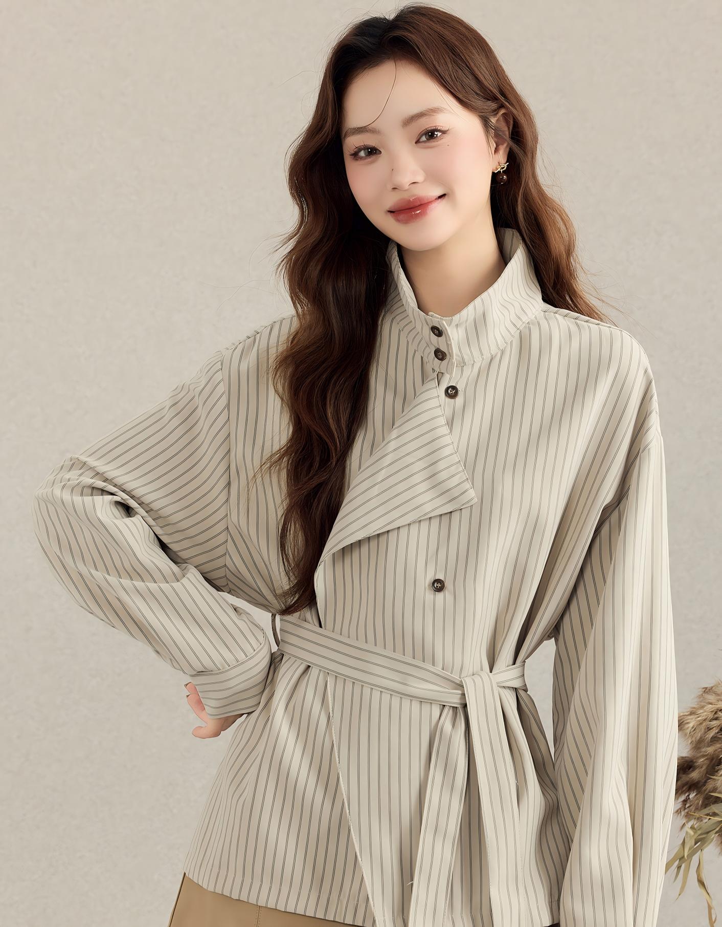 約質感條紋襯衫 綁帶收腰設計感襯衣 秋季寬鬆上衣