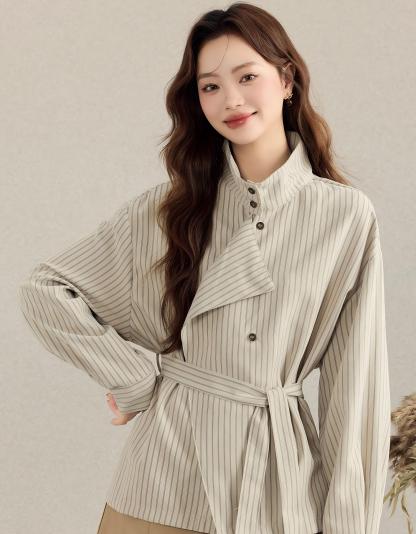 約質感條紋襯衫 綁帶收腰設計感襯衣 秋季寬鬆上衣