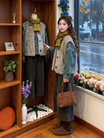 秋冬季大尺碼胖 mm 套裝 牛仔襯衫疊穿羊羔毛馬甲 + 闊腿褲 復古時尚女裝