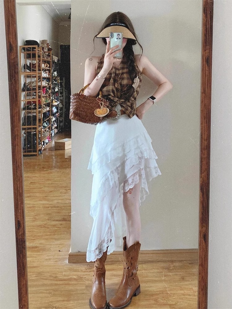 港風復古套裝 格紋掛脖背心上衣 時尚不規則蕾絲花邊半身裙 春季兩件套裝