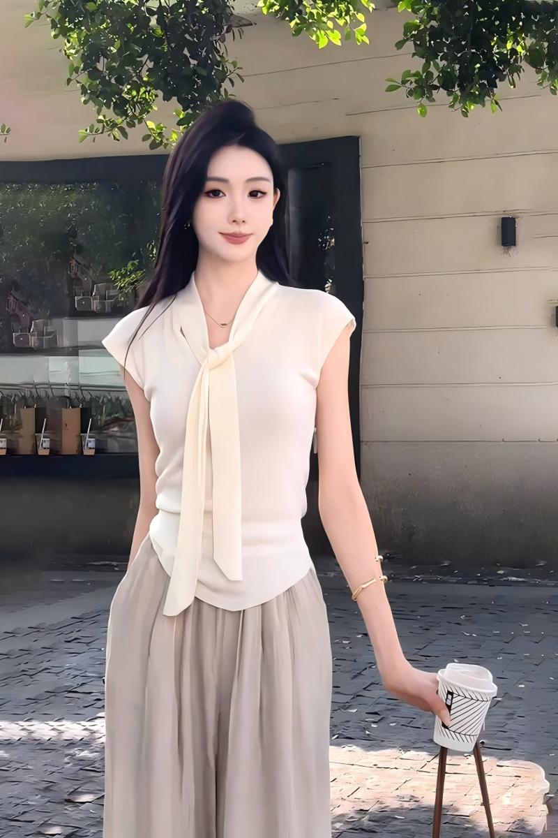 溫柔風簡約套裝｜系帶修身針織上衣｜垂感闊腿褲