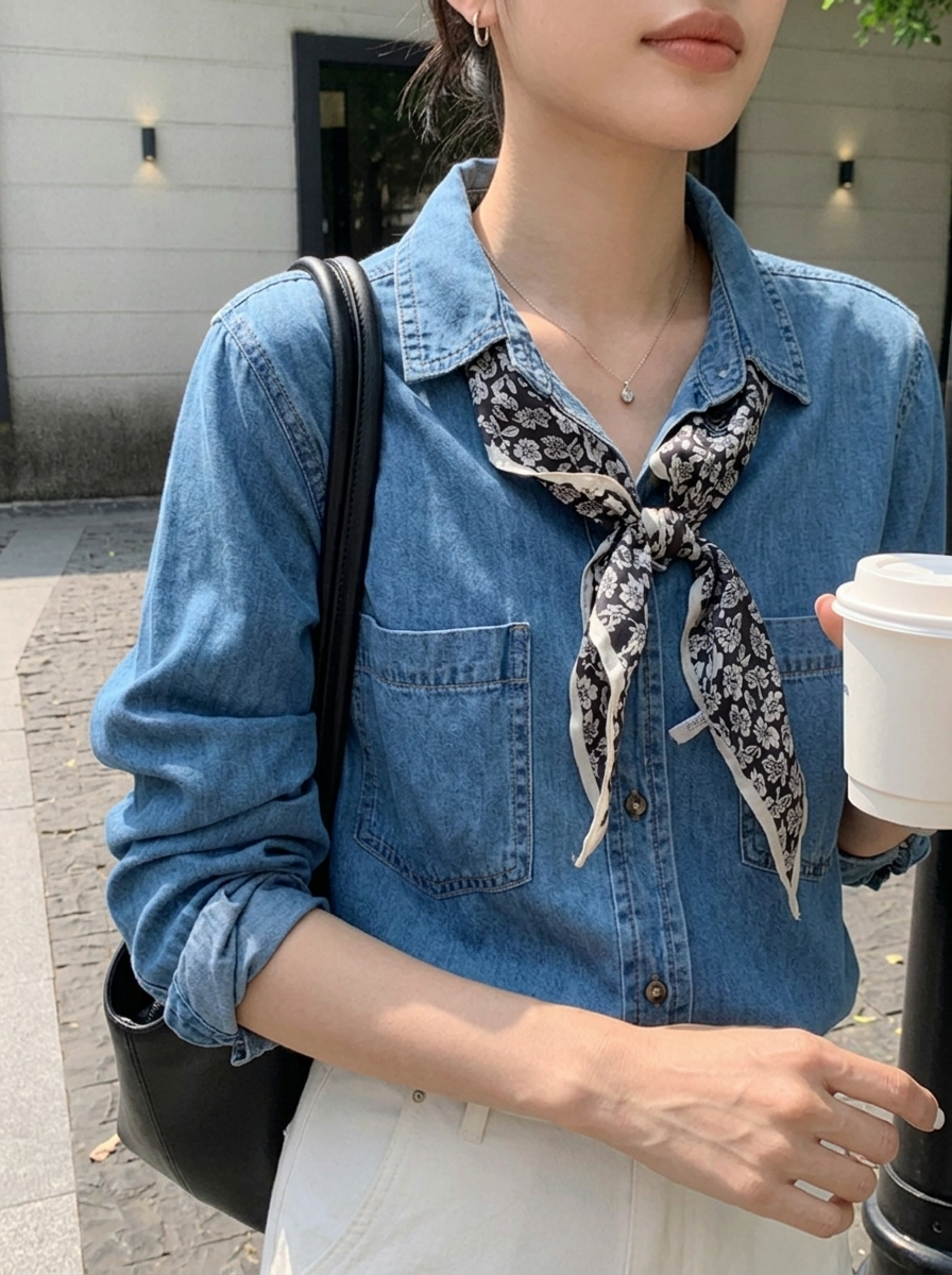 薄款春季休閒牛仔套裝 |  藍色天絲牛仔上衣 【贈絲巾】|  白色闊腿牛仔褲