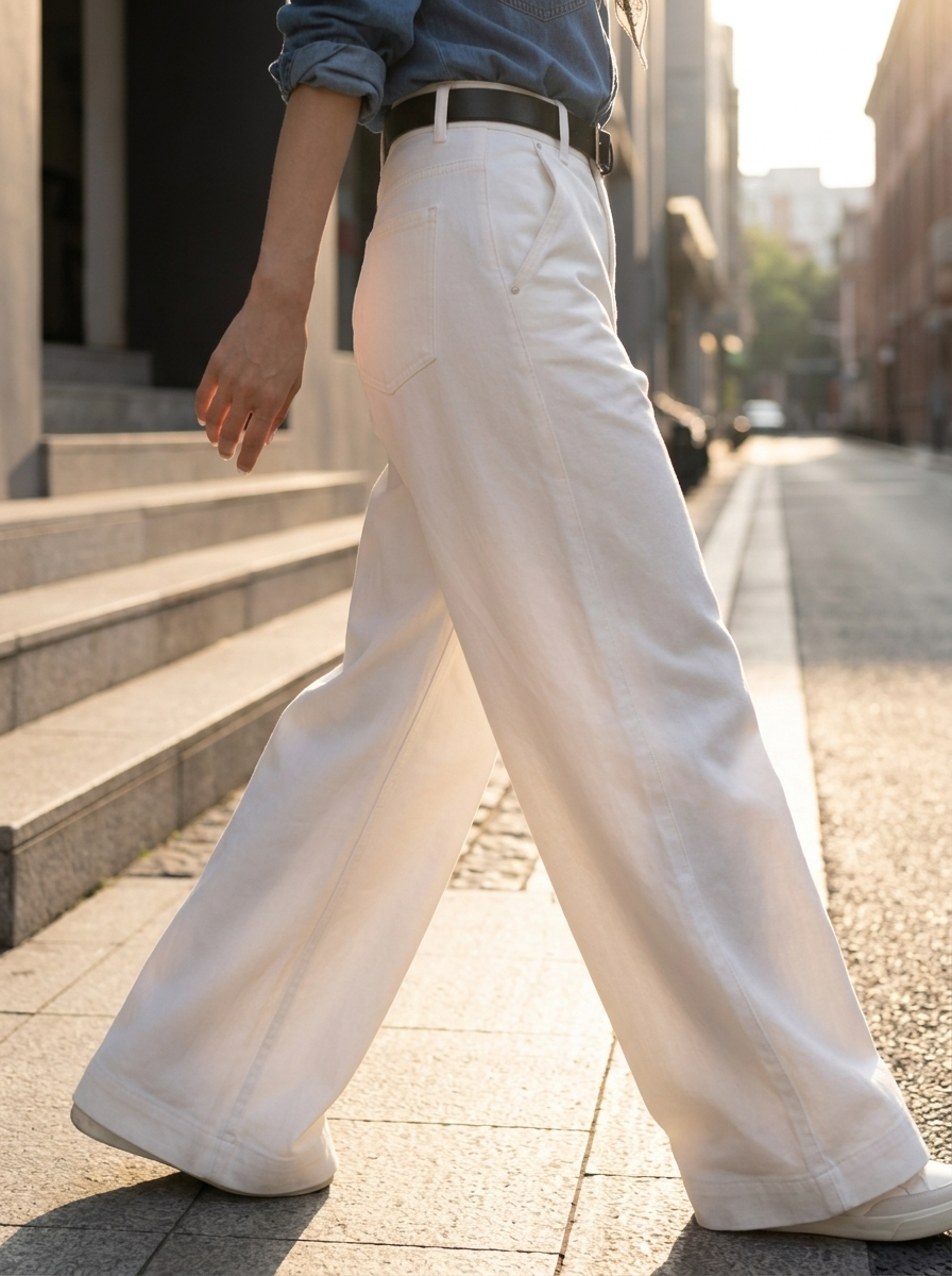 薄款春季休閒牛仔套裝 |  藍色天絲牛仔上衣 【贈絲巾】|  白色闊腿牛仔褲