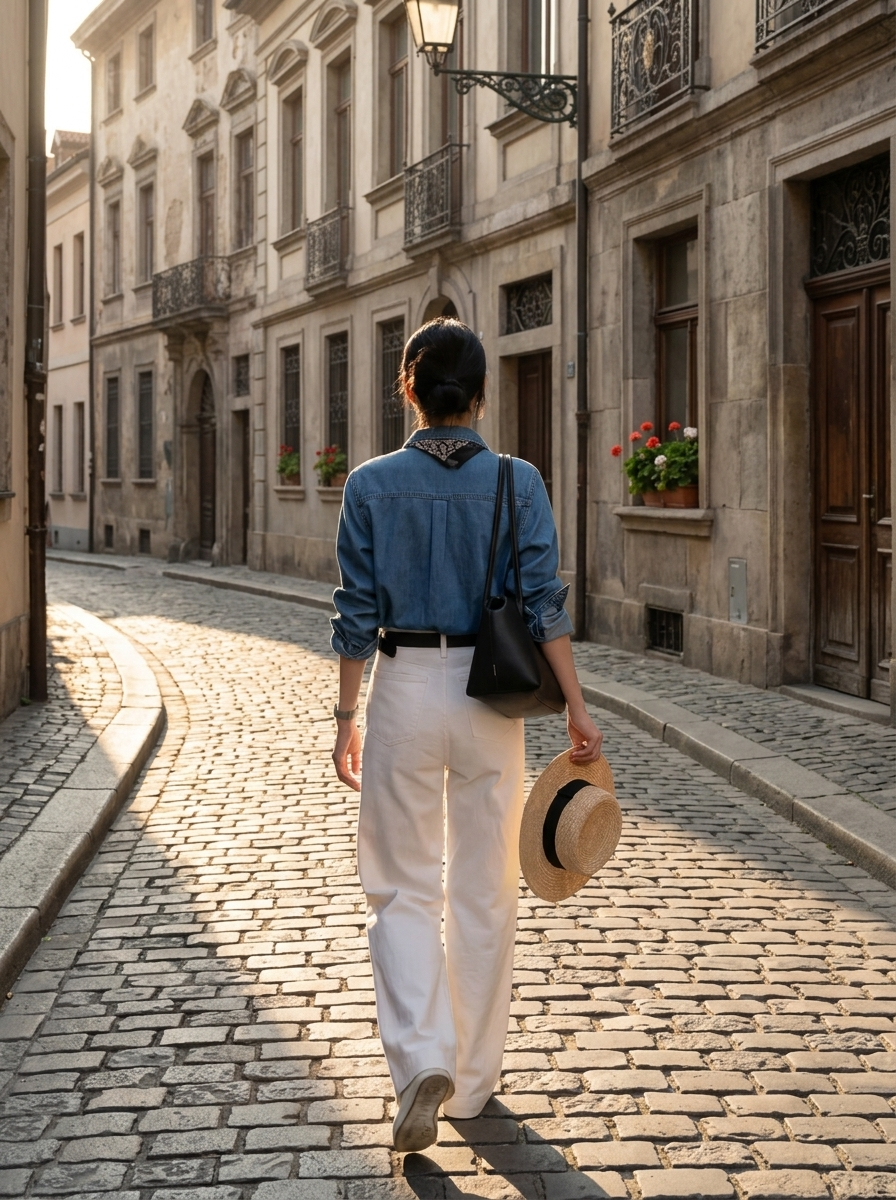 薄款春季休閒牛仔套裝 |  藍色天絲牛仔上衣 【贈絲巾】|  白色闊腿牛仔褲