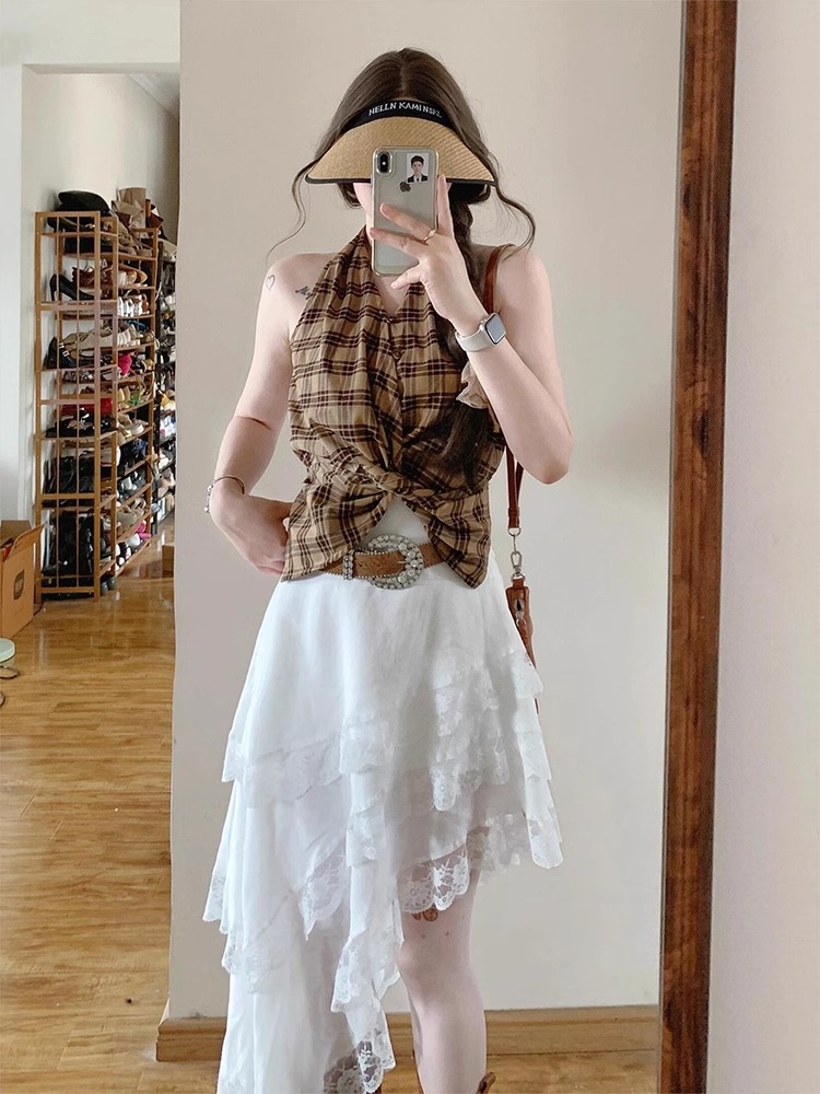 港風復古套裝 格紋掛脖背心上衣 時尚不規則蕾絲花邊半身裙 春季兩件套裝