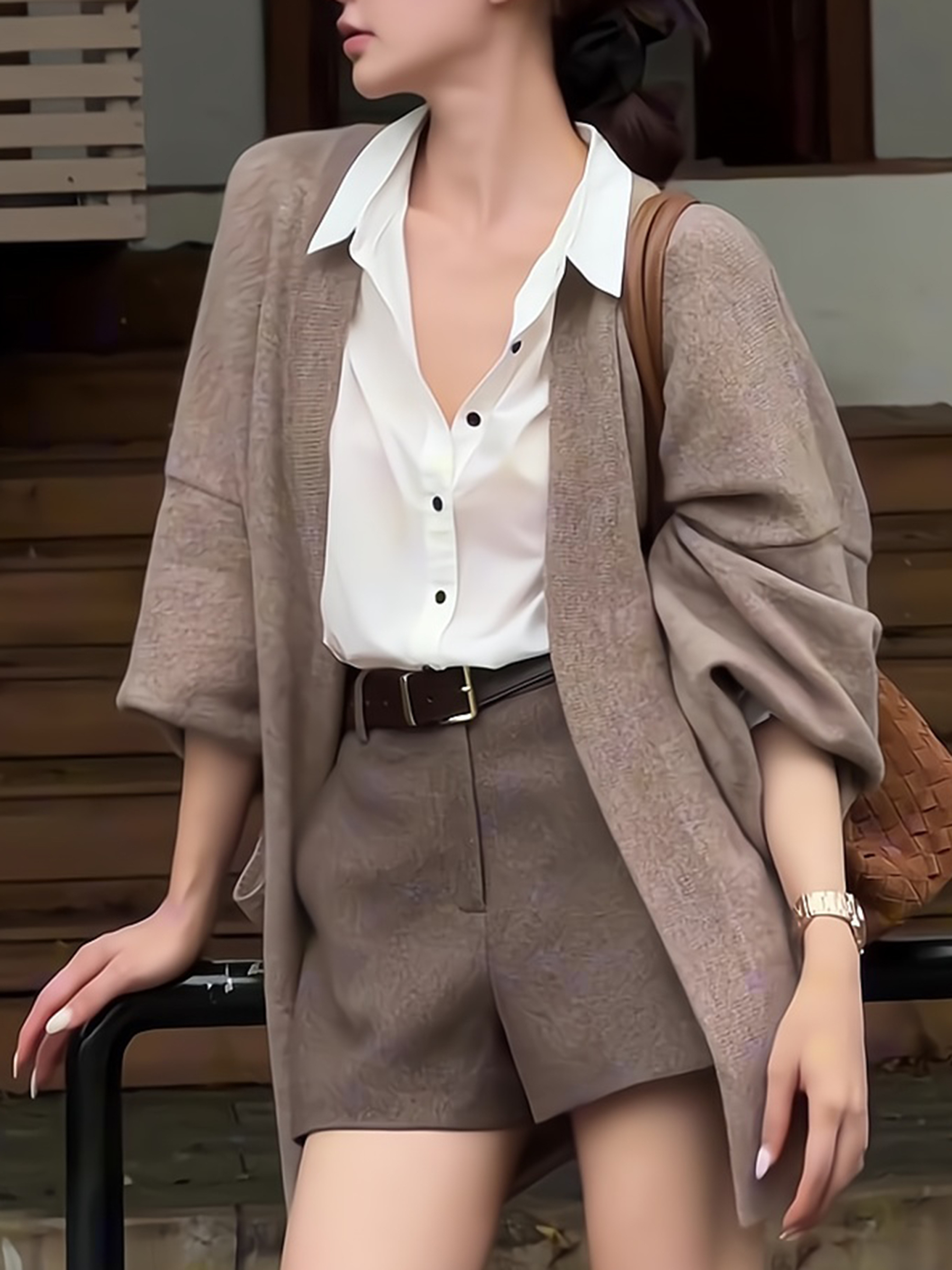 時髦老錢風｜毛衣開衫x襯衫x短褲三件套｜一套搞定秋季質感穿搭，輕鬆穿出不費力高級感