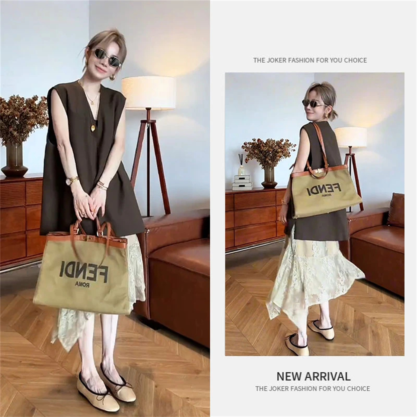 韓系時尚套裝｜棕色西裝背心+蕾絲拼接裙｜無袖設計兩件式｜小眾高級感