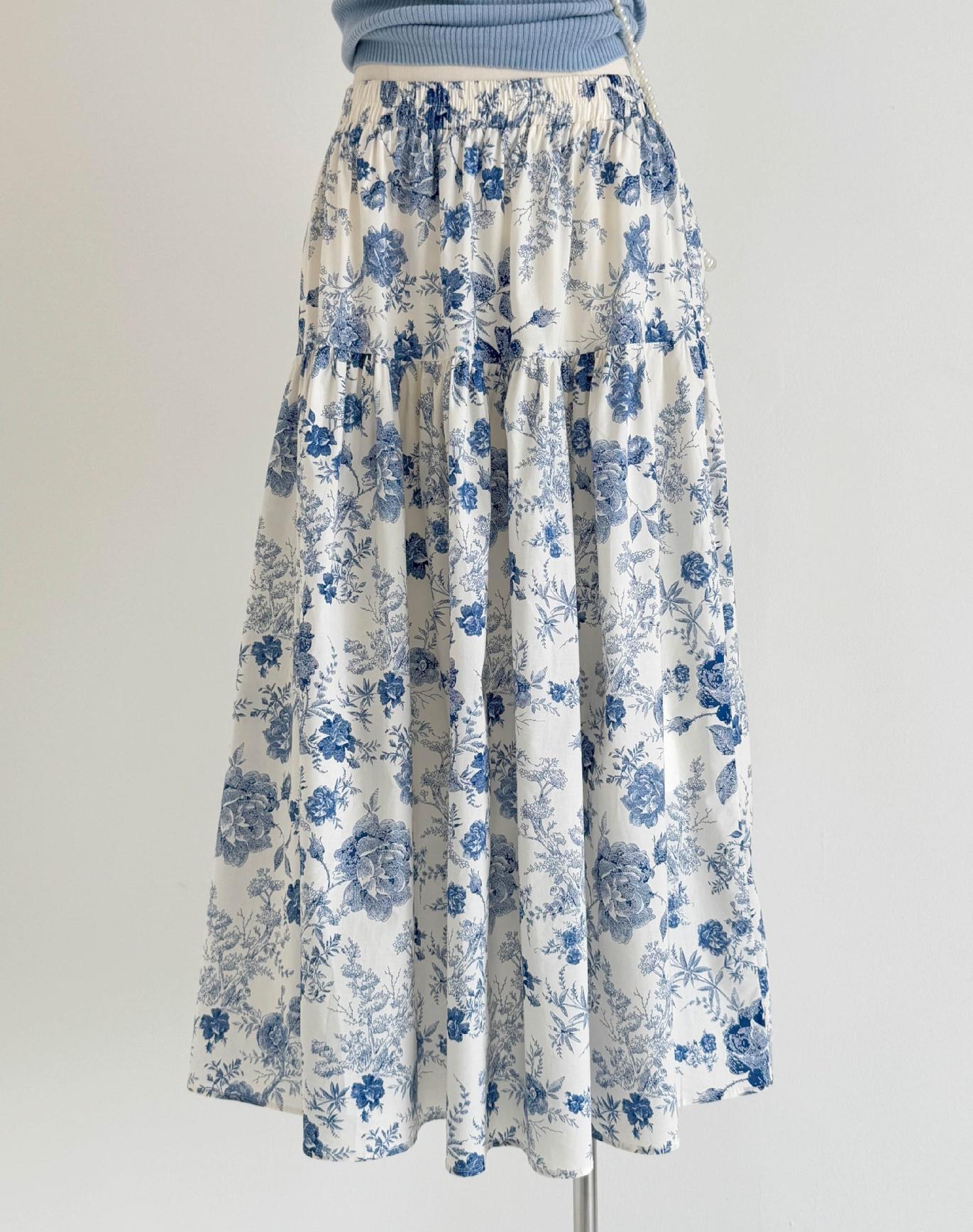 法式復古水墨畫碎花半身裙+冰絲針織上衣兩件套 夏季休閒套裝