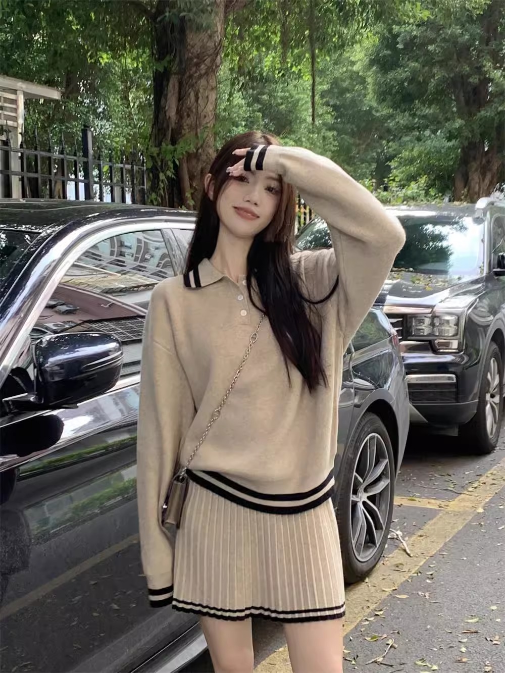 減齡polo領寬鬆針織套裝 長袖毛衣 百褶半身短裙 顯瘦顯白兩件套