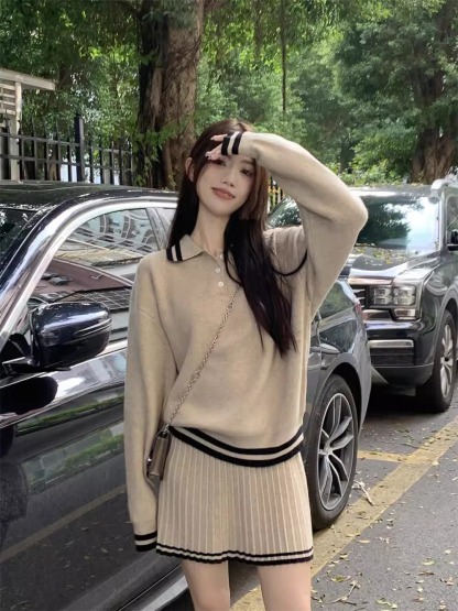 減齡polo領寬鬆針織套裝 長袖毛衣 百褶半身短裙 顯瘦顯白兩件套