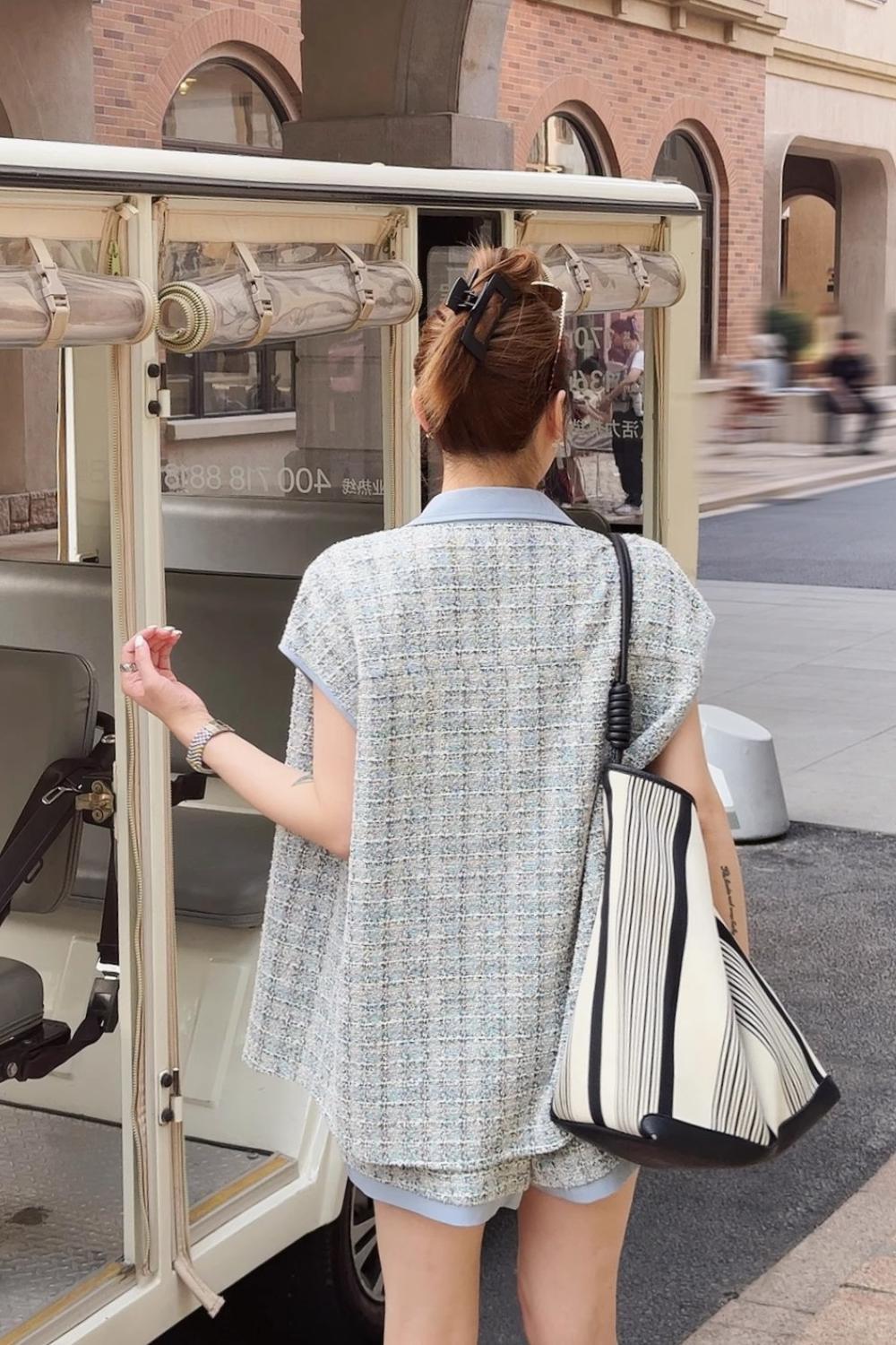 夏季藍色小香風套裝｜POLO領背心+短褲 | 薄款寬鬆剪裁｜獨家設計款藍色系