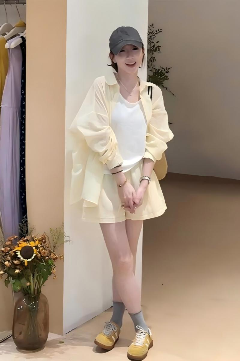 韓系慵懶防曬三件套｜長袖襯衫 + 涼感背心 + 休閒短褲｜可拆穿顯瘦套裝