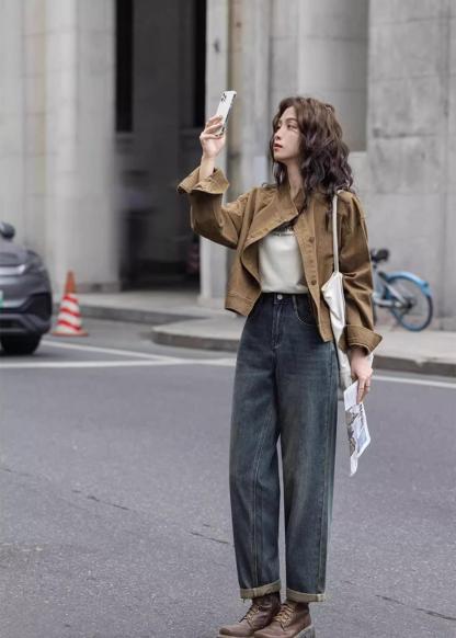 【現貨】復古茶咖色  巴恩風工裝夾克上衣 牛仔短外套 高品質