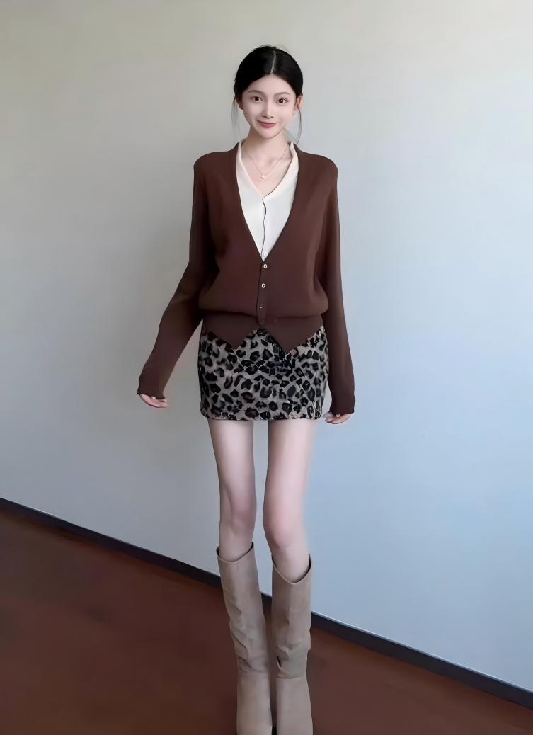 早春趨勢套裝組｜美拉德咖色假兩件針織衫｜豹紋短裙｜甜酷風一整套穿搭