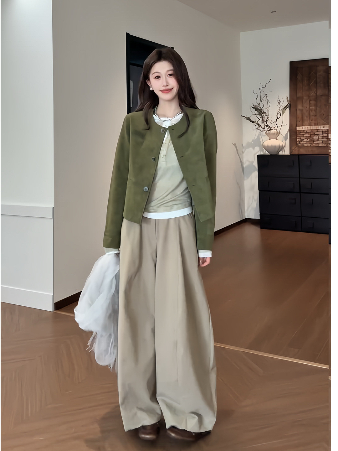 獨特質感休閒三件套  |復古綠紐扣外套 | 假兩件上衣 | 闊腿寬褲