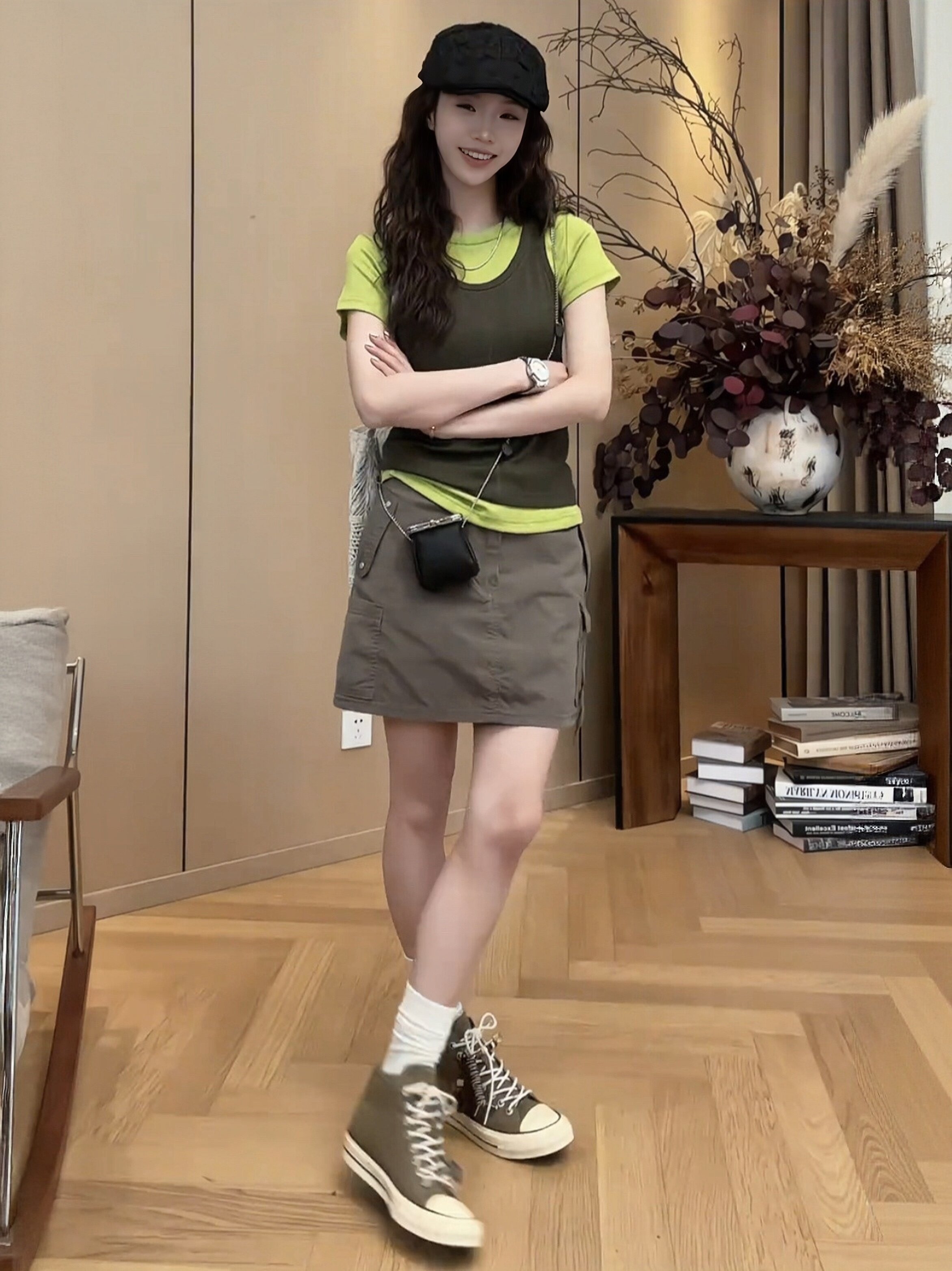 美式休閒撞色套裝｜背心疊穿短袖T恤兩件組｜高腰口袋工裝短裙