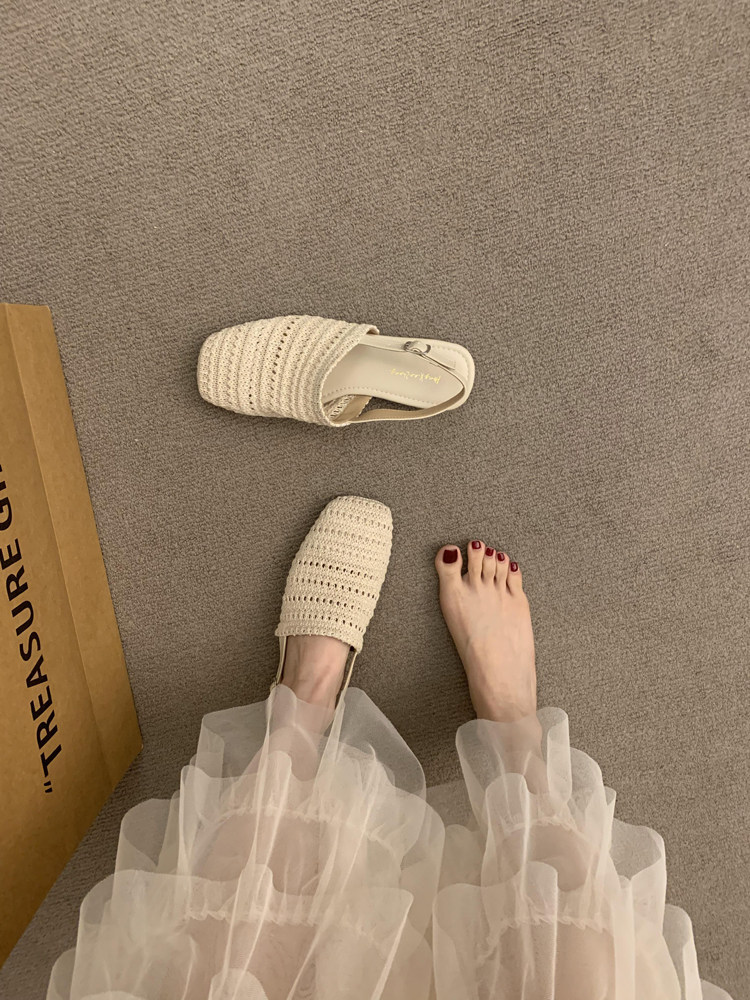 方頭一字帶草編涼單鞋 | 夏季淺口平底女鞋