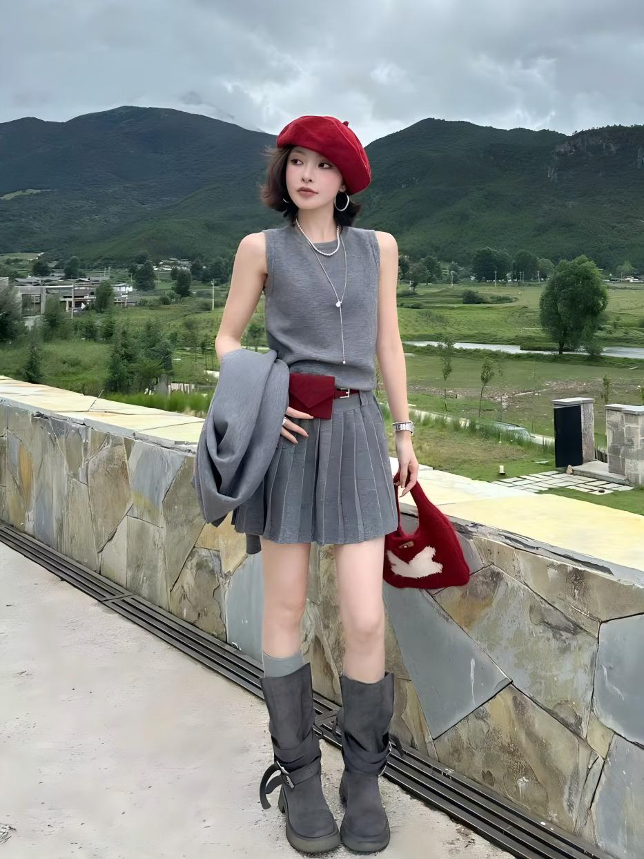 秋季氣質針織兩件套｜無袖連身裙｜鈕扣開衫｜多色可選兩件套  約會日常穿搭