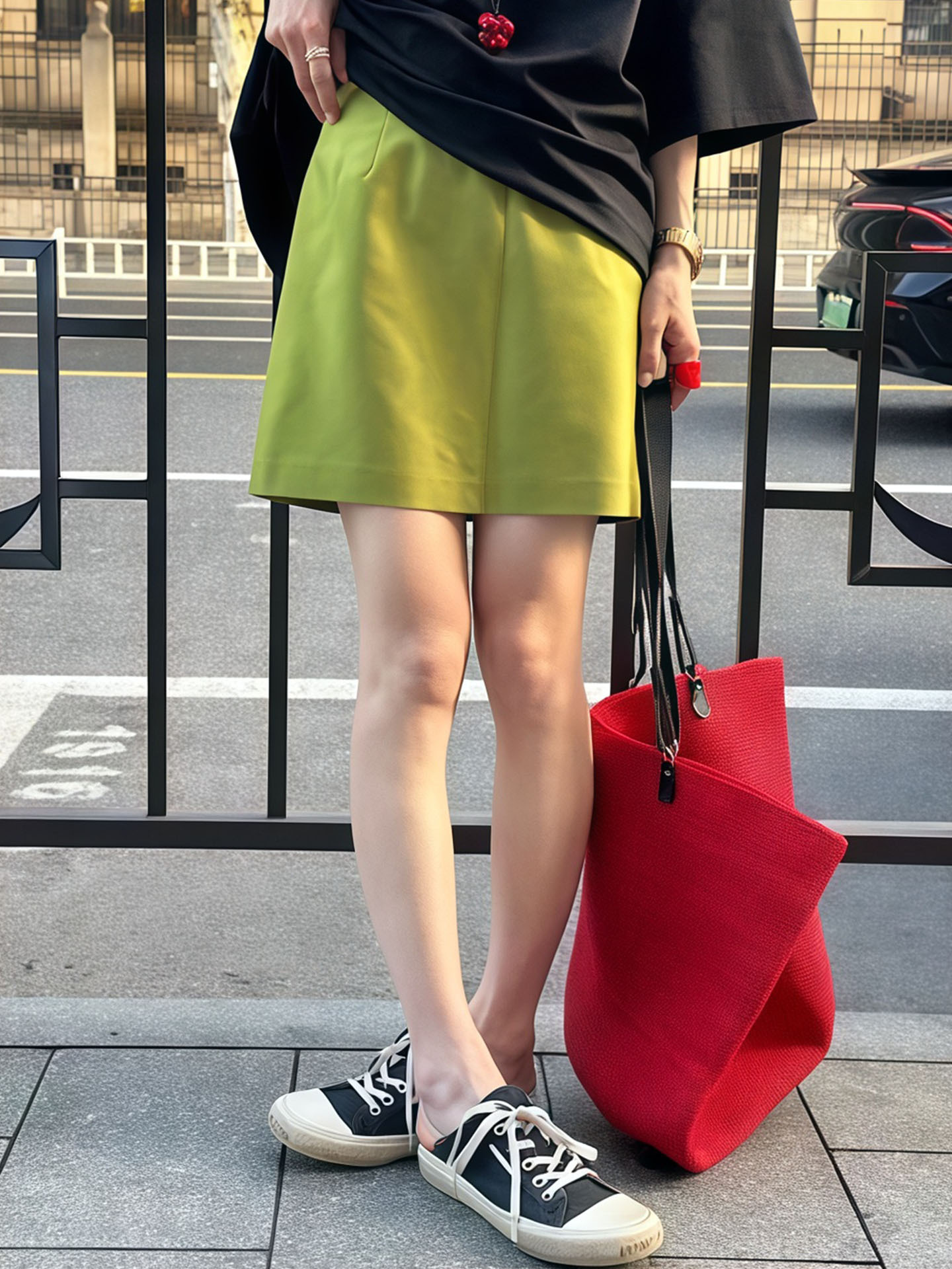 夏季高級感套裝｜黑色短T+淡綠A字裙｜慵懶風兩件式｜顯瘦設計