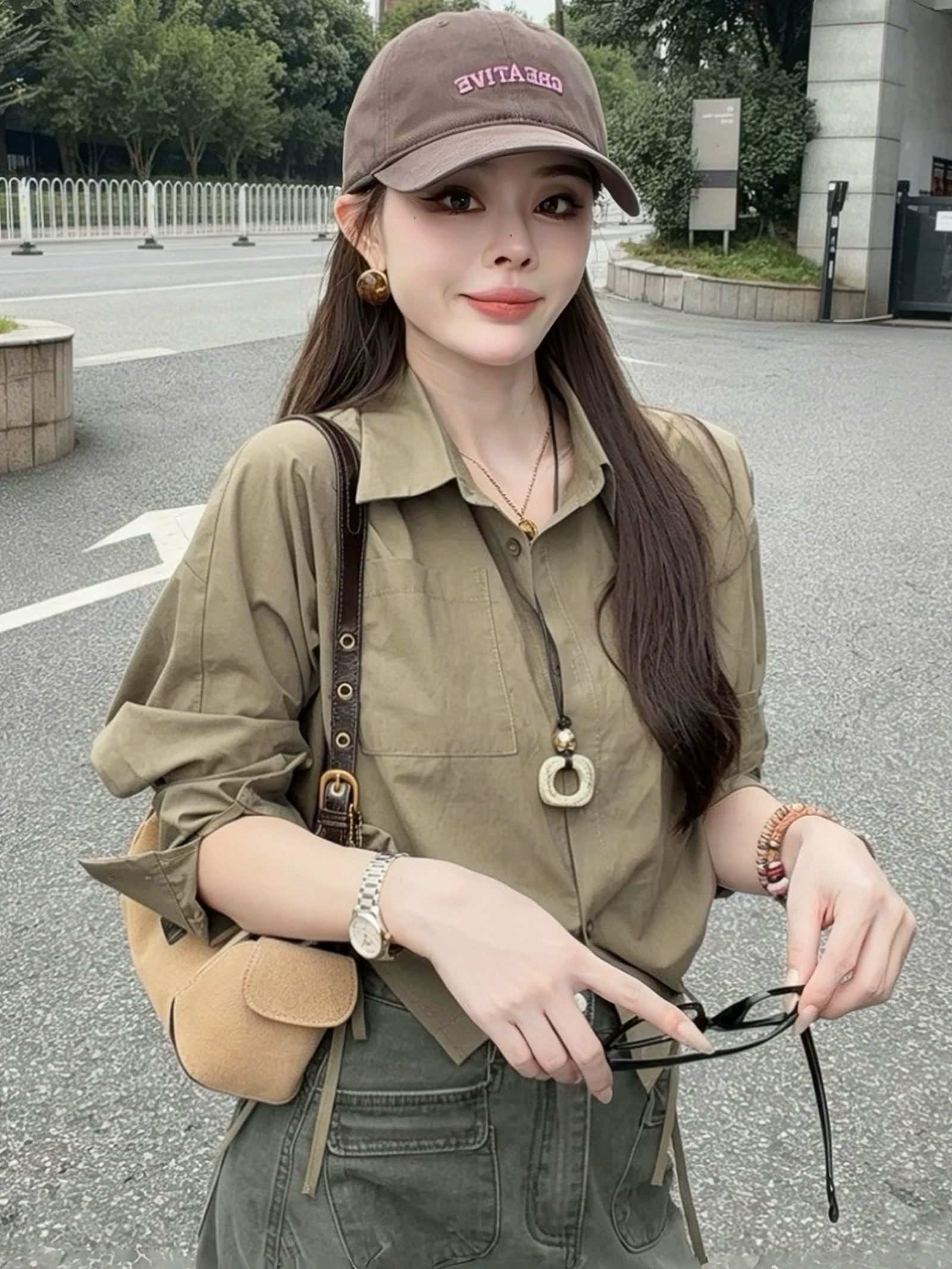 韓系復古休閒兩件套｜卡其抽繩收腰襯衫｜軍綠高腰口袋A字長裙